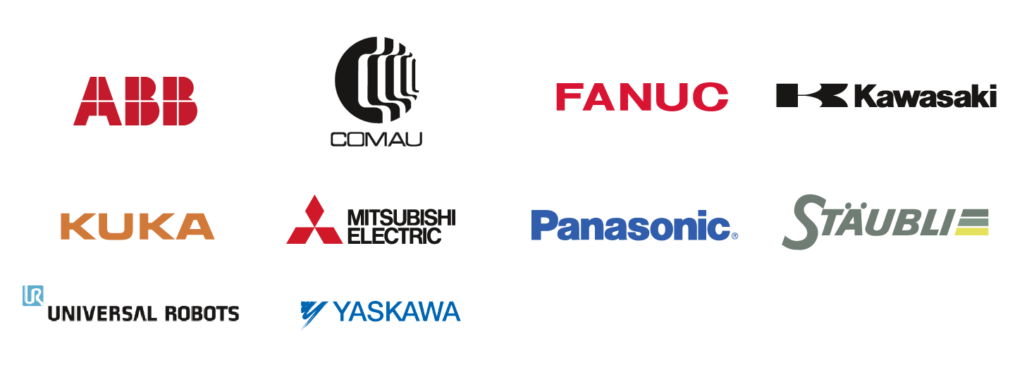references_Automation Logos des entreprises : ABB, Comau, FANUC, Kawasaki, kuka, Mitsubishi electric, panasonic, Stäubli, Universal robots, yaskawa