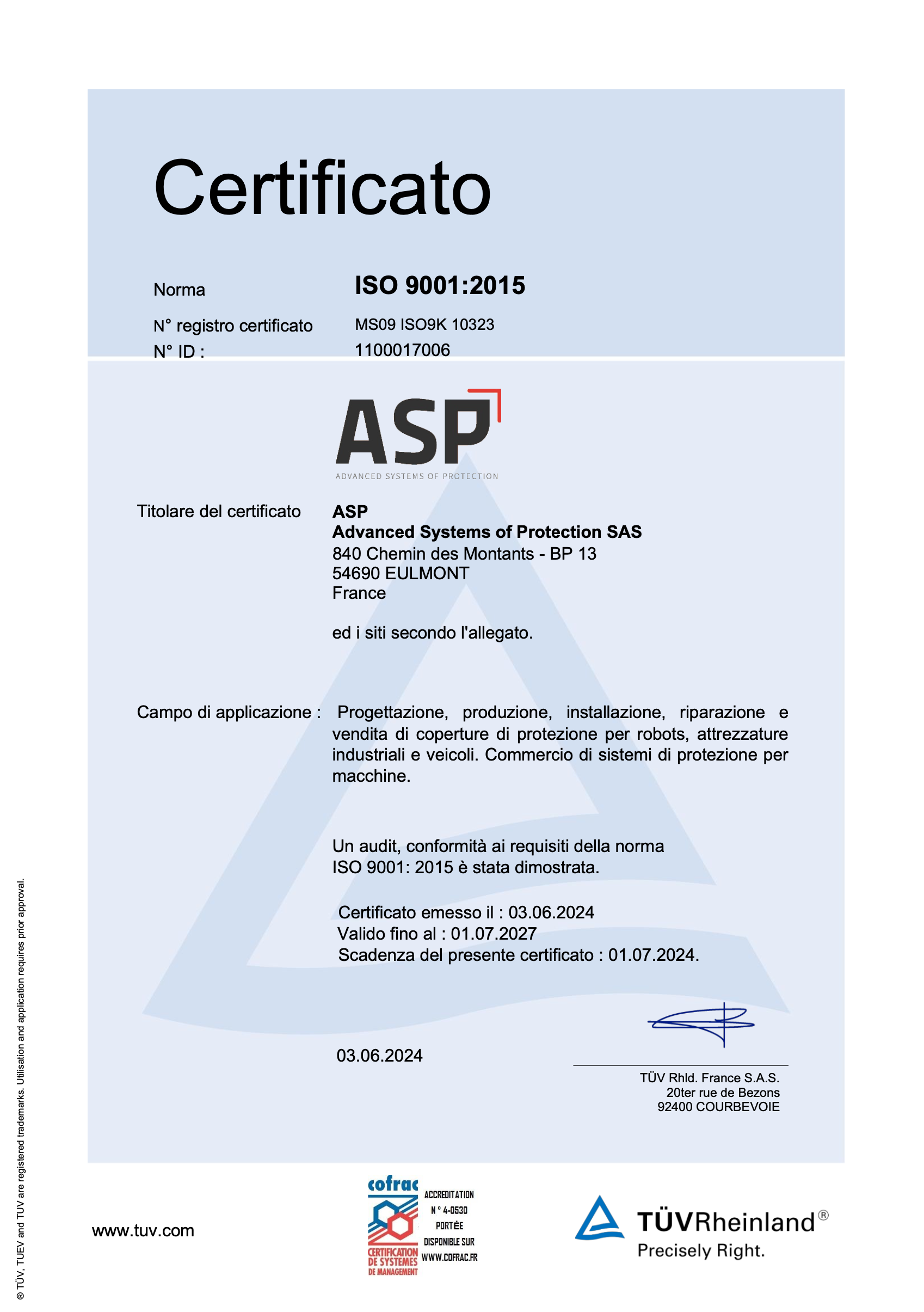 Certificazione isoi 9001:2015 ottenuta da ASP. Il documento è scritto in bianco su sfondo blu.